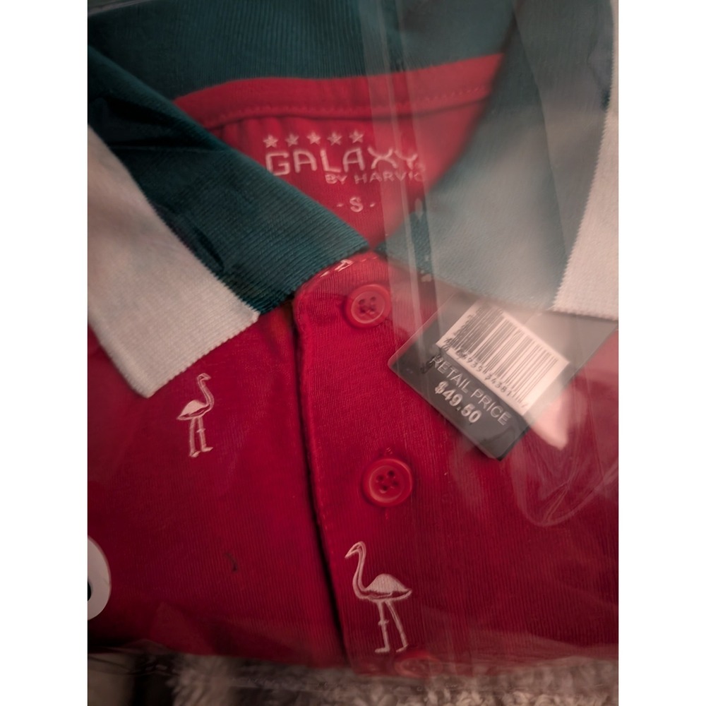 Men's Short Sleeve Red Shirt With Collar Flamingo Pattern Cotton-Blend NEW - Picture 3 of 3